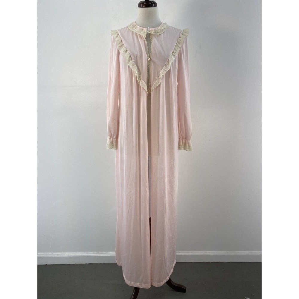 VTG 1960s Movie Star Pink Sleepwear LS Nylon Lounge Robe Slip Dress Womens L